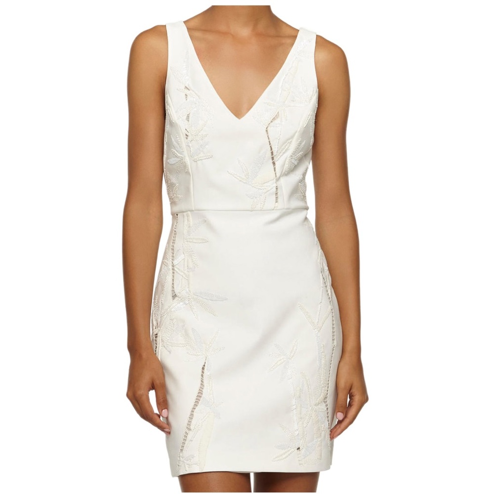 Nicole Miller Floral Bead Embellished Mini Dress White Ivory